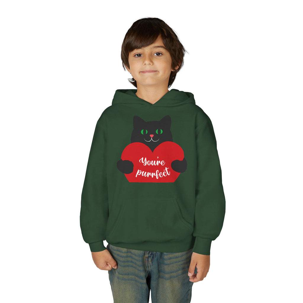 Youth Hoodie - Cute Black Cat "You’re Purrfect" Heart & Patriotic LOVE Design
