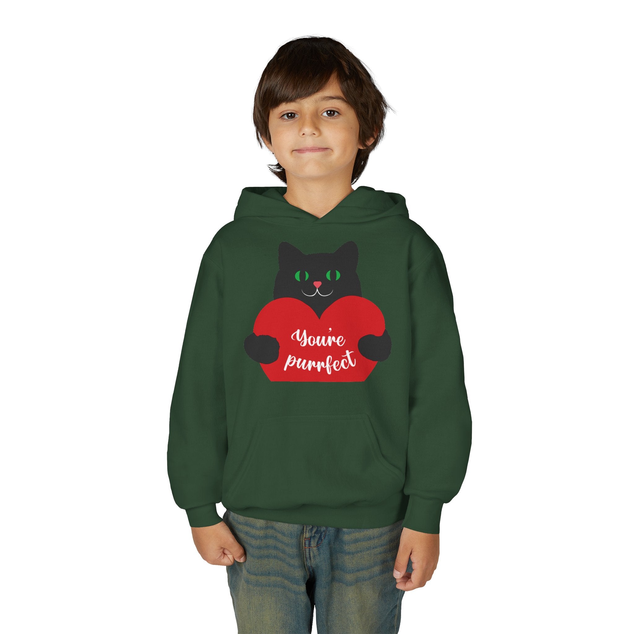Youth Hoodie - Cute Black Cat "You’re Purrfect" Heart & Patriotic LOVE Design
