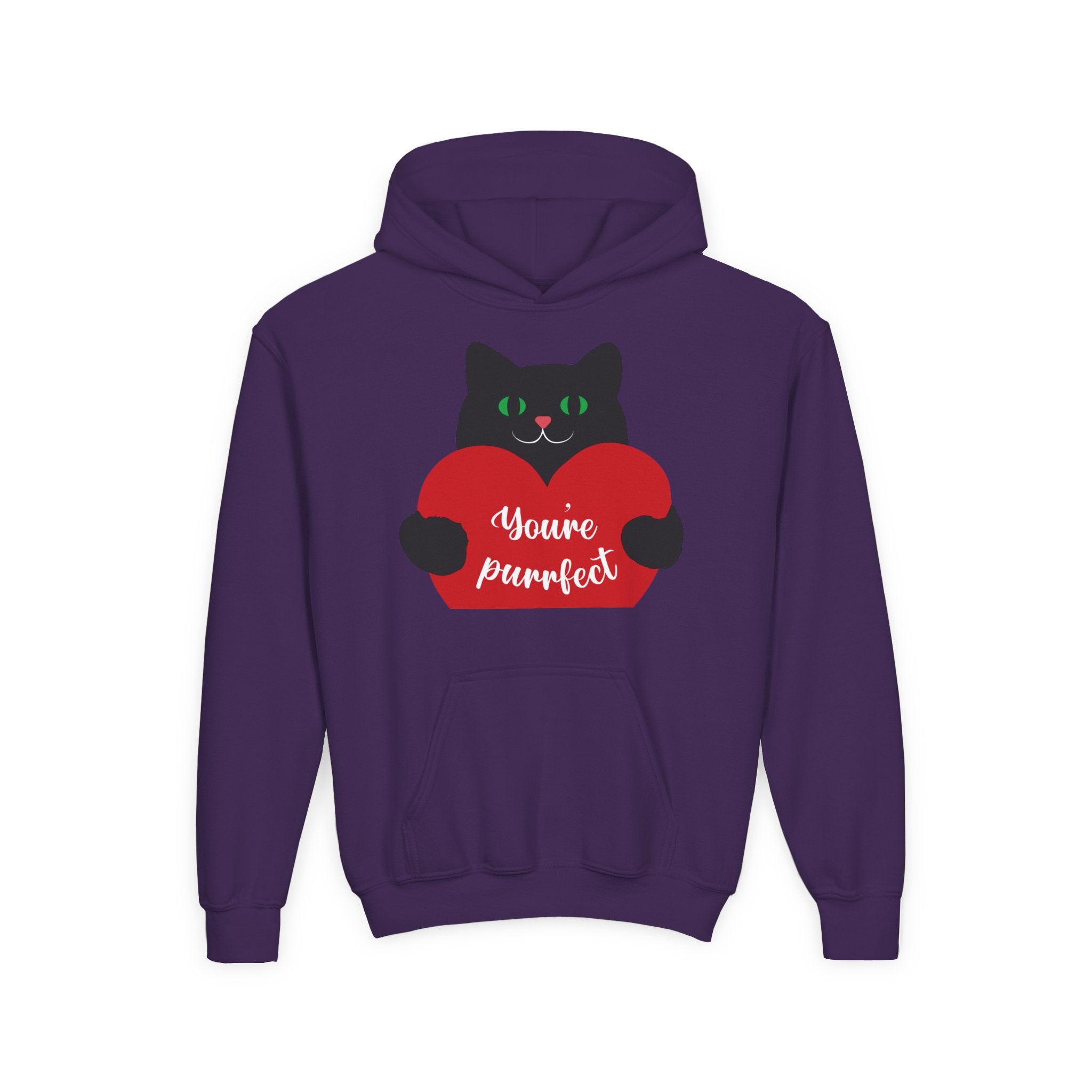 Youth Hoodie - Cute Black Cat "You’re Purrfect" Heart & Patriotic LOVE Design