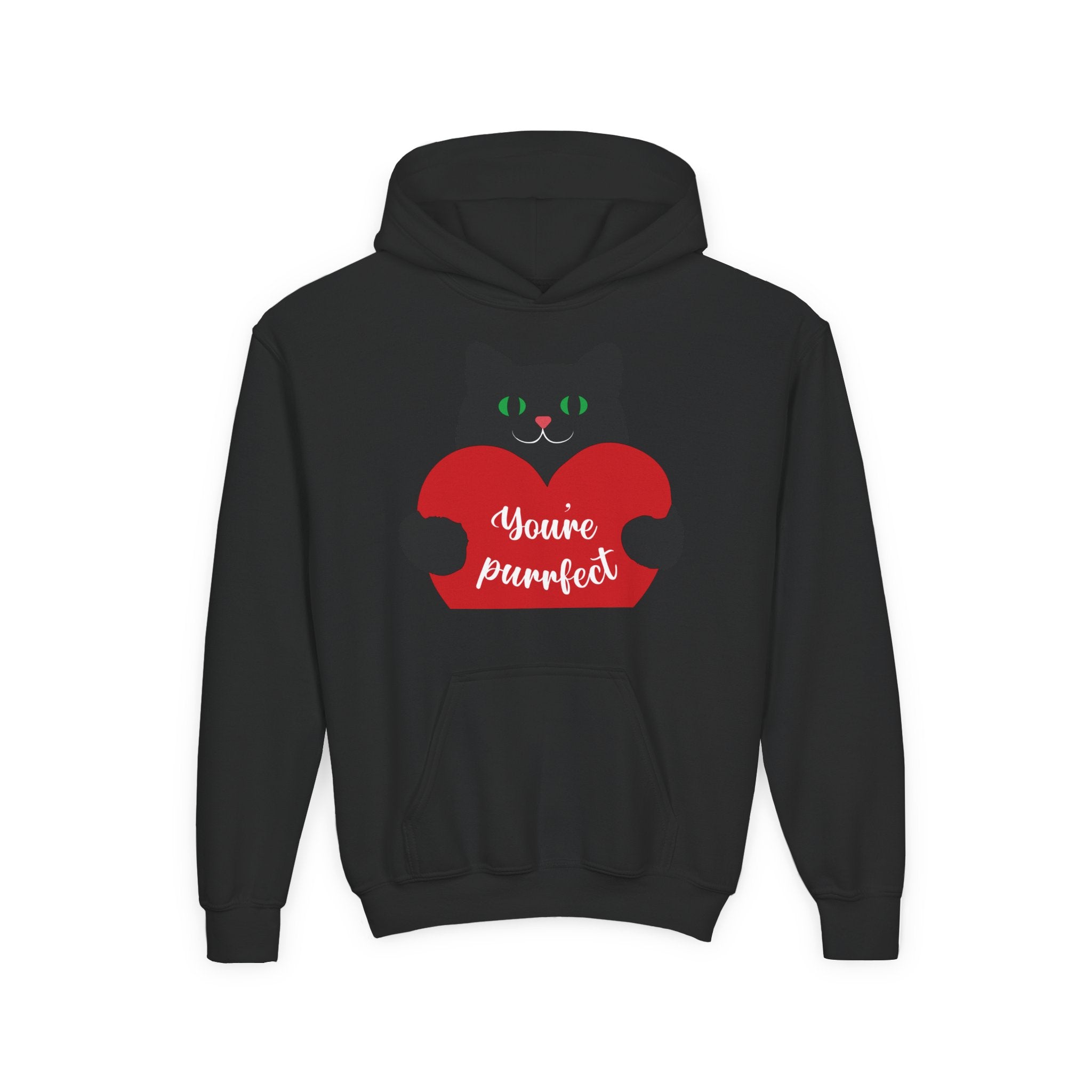 Youth Hoodie - Cute Black Cat "You’re Purrfect" Heart & Patriotic LOVE Design