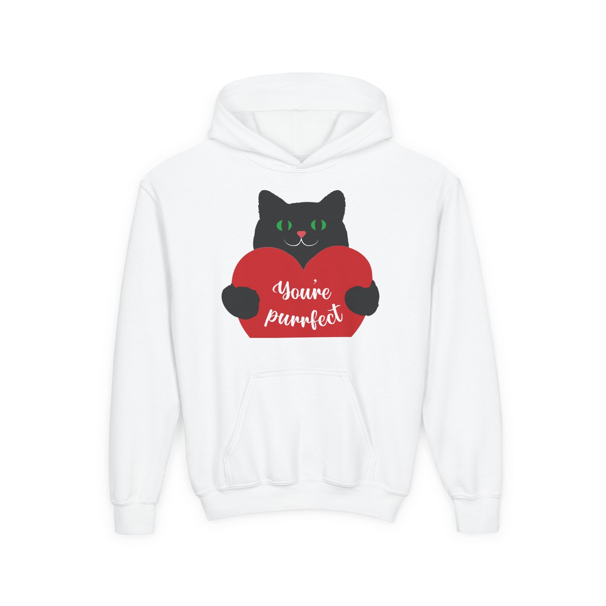 Youth Hoodie - Cute Black Cat "You’re Purrfect" Heart & Patriotic LOVE Design