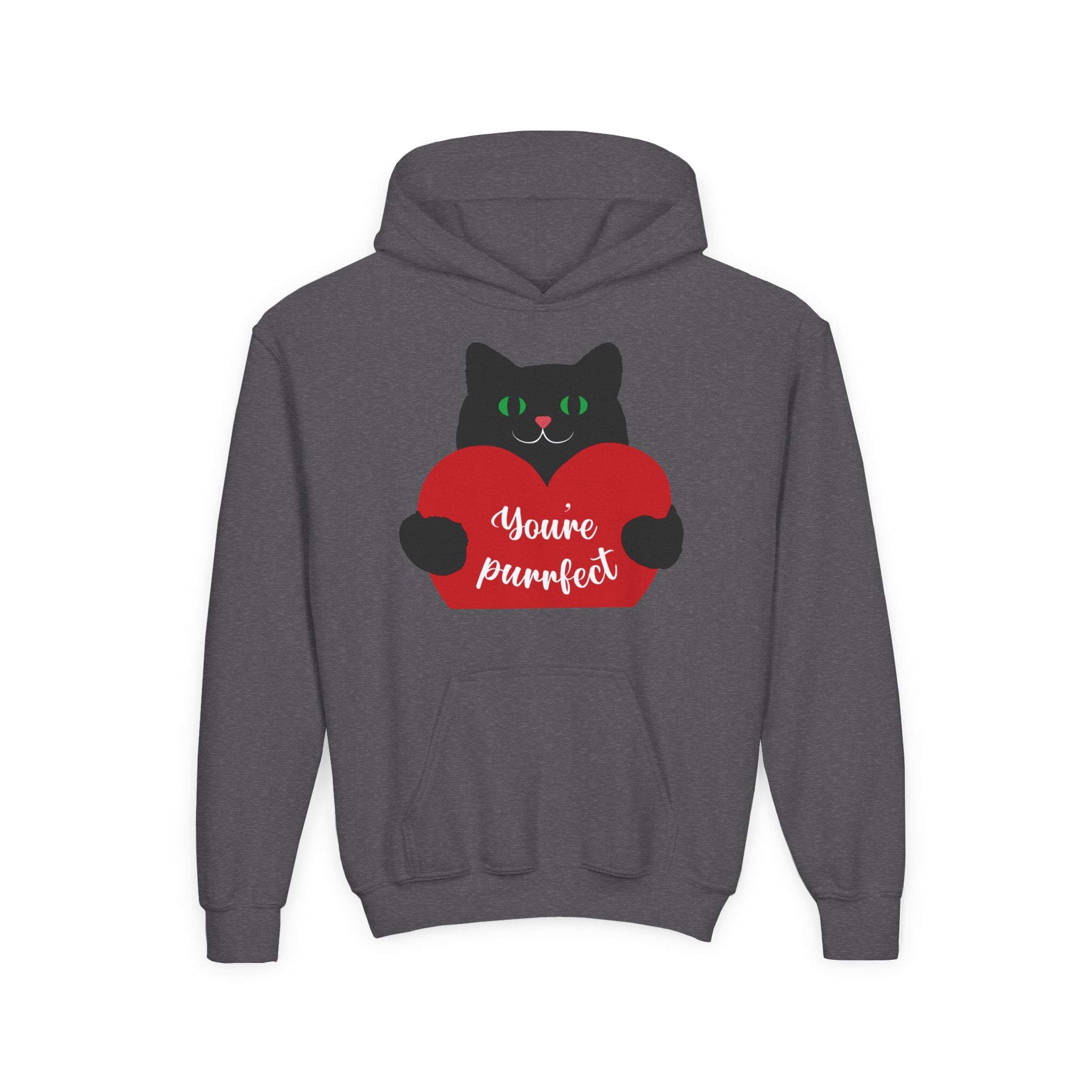 Youth Hoodie - Cute Black Cat "You’re Purrfect" Heart & Patriotic LOVE Design