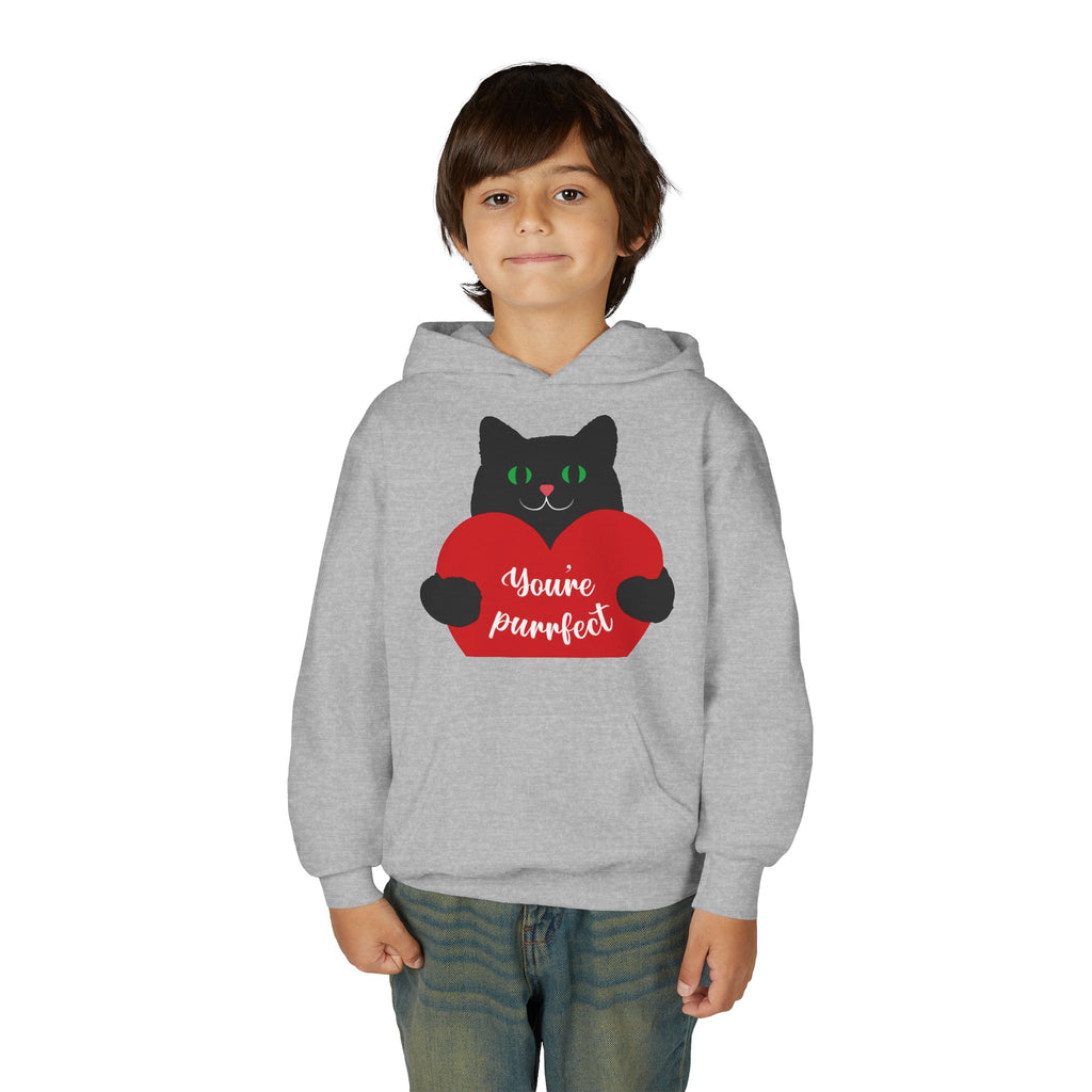 Youth Hoodie - Cute Black Cat "You’re Purrfect" Heart & Patriotic LOVE Design