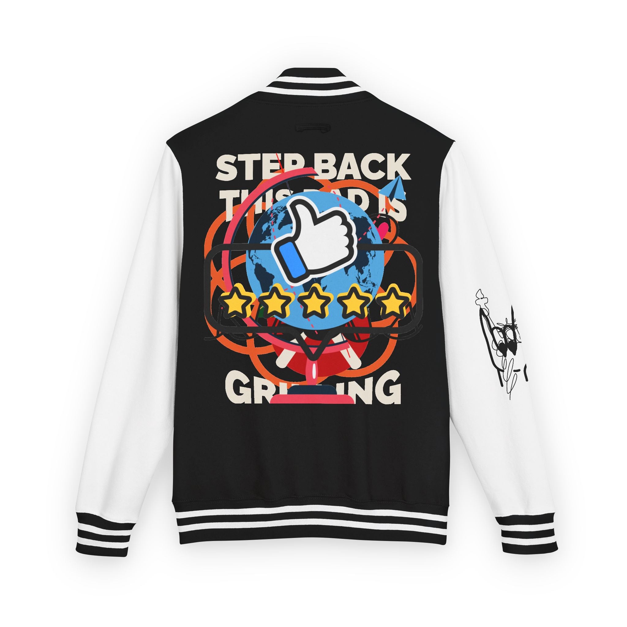 Letterman Jacket — Retro 'Step Back, The World Is Growing' Graphic