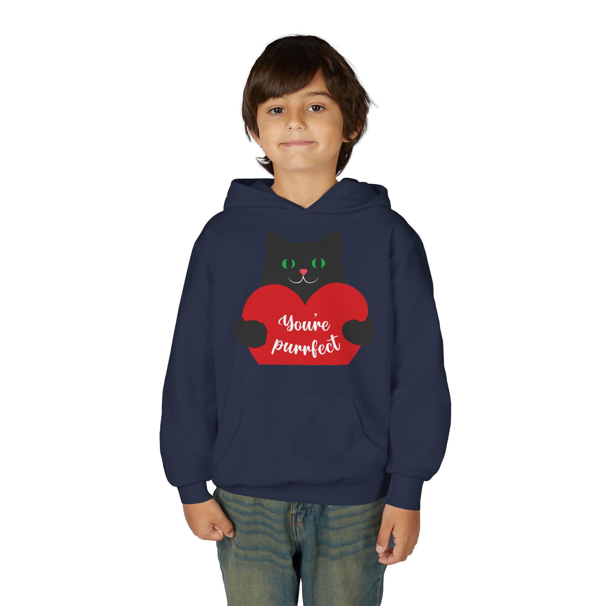 Youth Hoodie - Cute Black Cat "You’re Purrfect" Heart & Patriotic LOVE Design