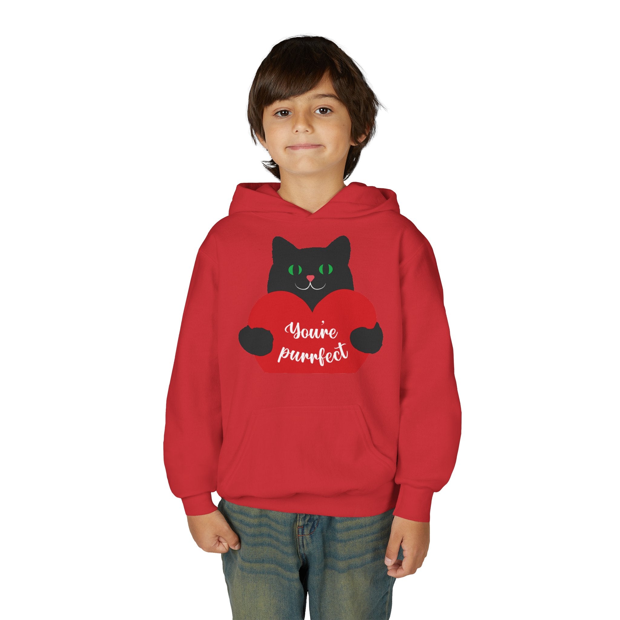 Youth Hoodie - Cute Black Cat "You’re Purrfect" Heart & Patriotic LOVE Design