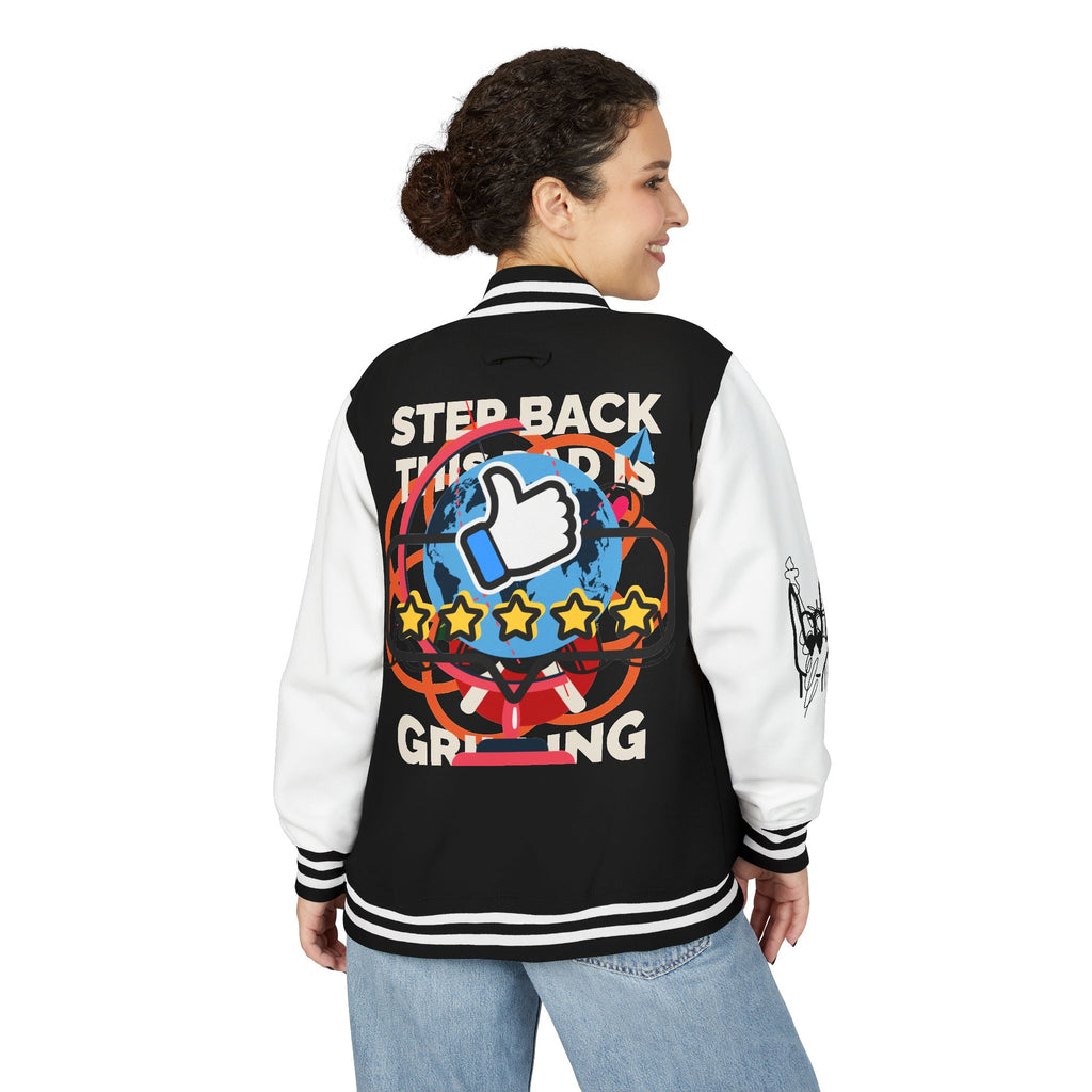 Letterman Jacket — Retro 'Step Back, The World Is Growing' Graphic