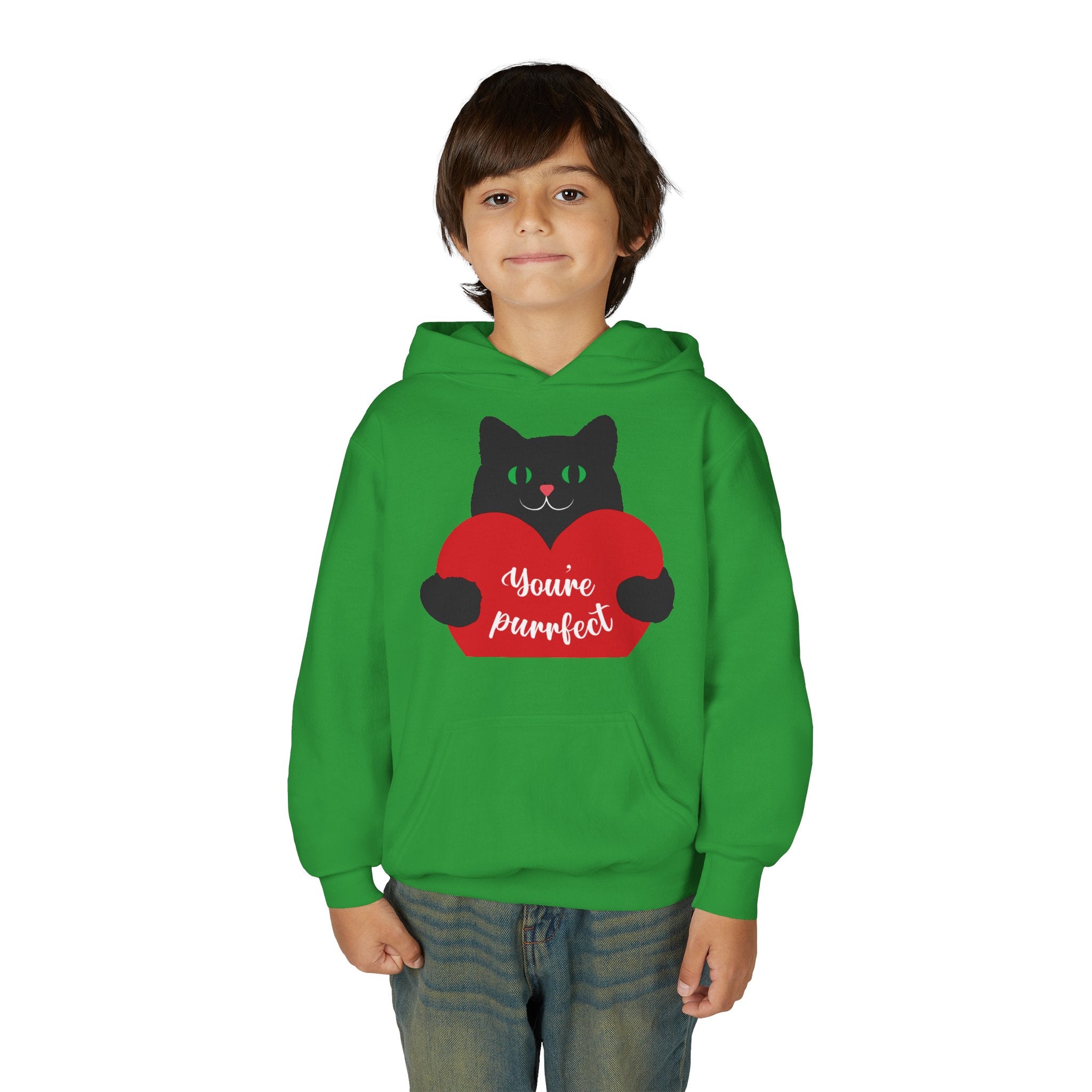 Youth Hoodie - Cute Black Cat "You’re Purrfect" Heart & Patriotic LOVE Design