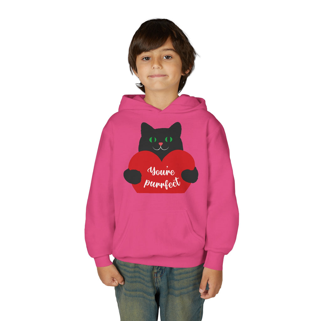 Youth Hoodie - Cute Black Cat "You’re Purrfect" Heart & Patriotic LOVE Design