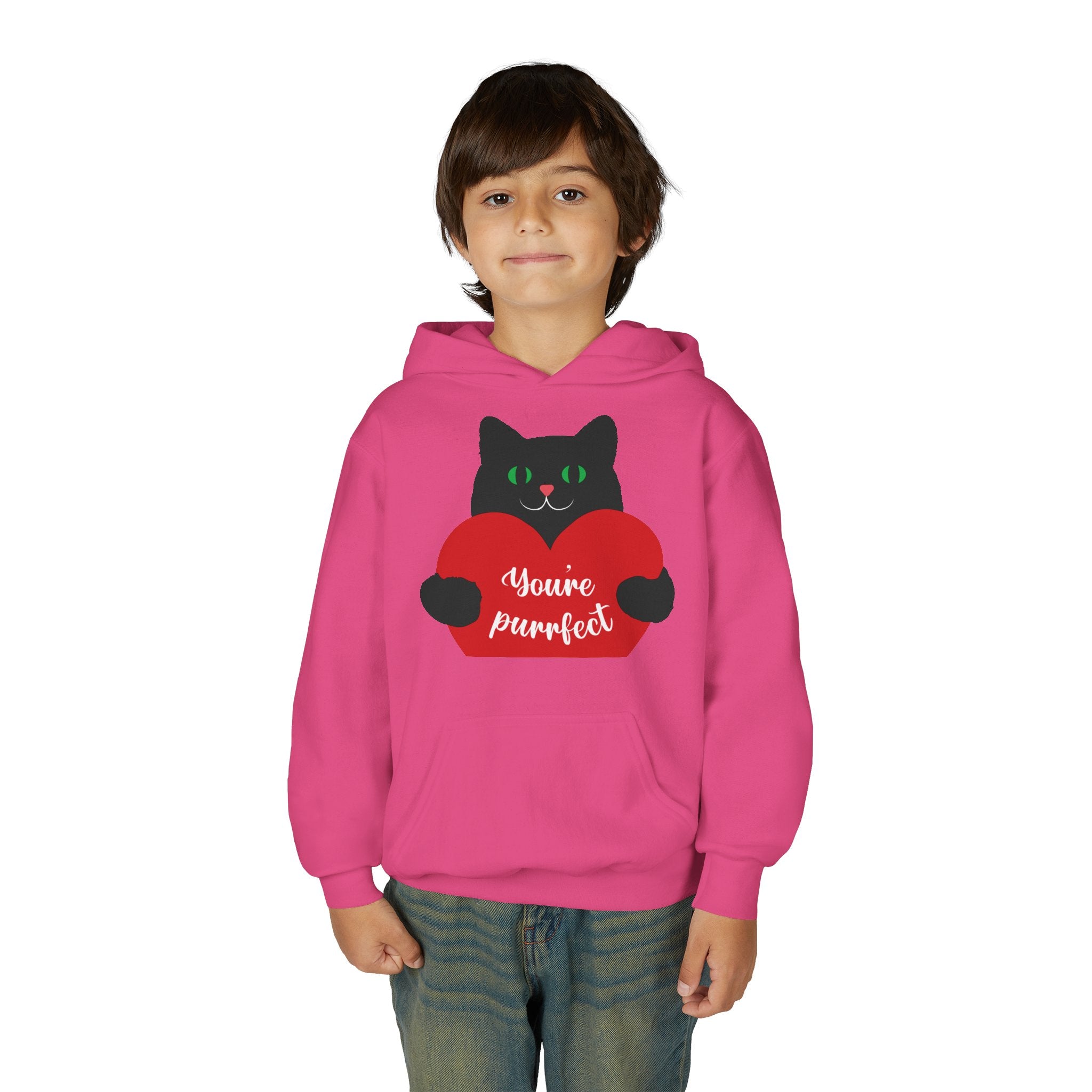 Youth Hoodie - Cute Black Cat "You’re Purrfect" Heart & Patriotic LOVE Design