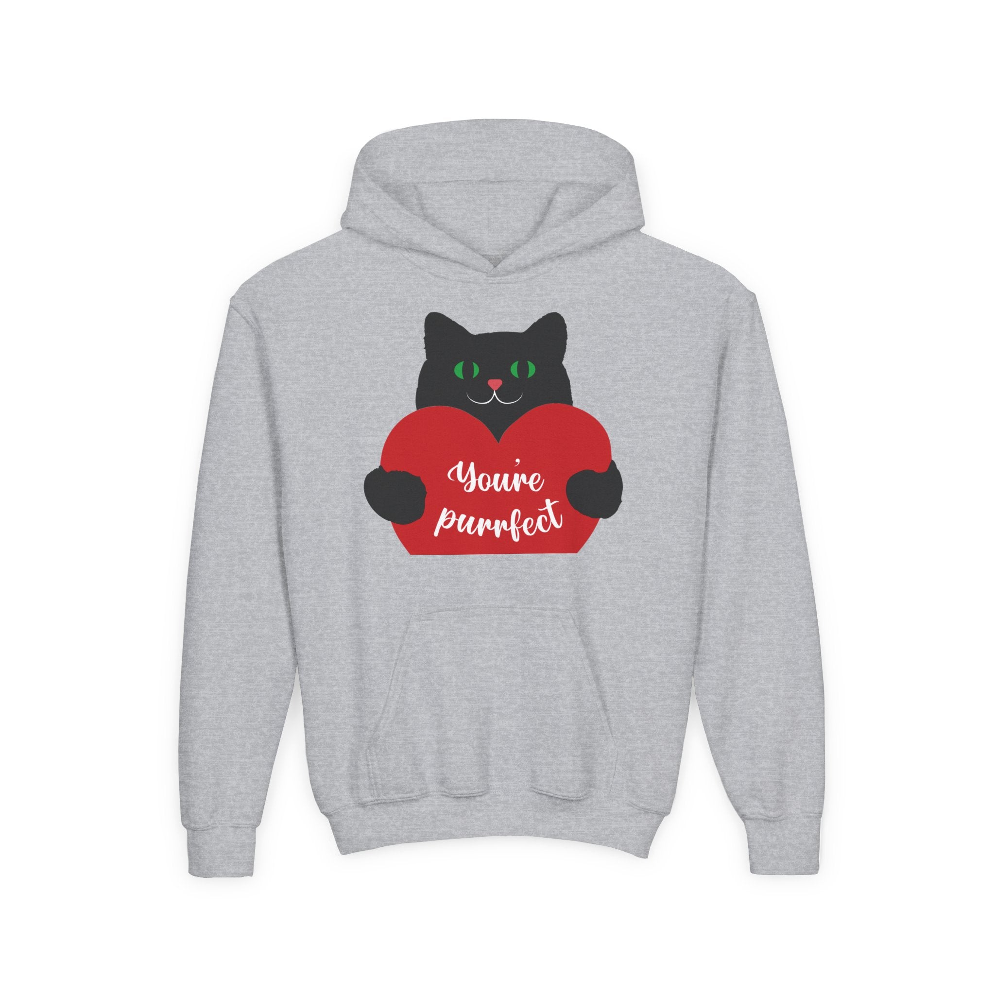 Youth Hoodie - Cute Black Cat "You’re Purrfect" Heart & Patriotic LOVE Design