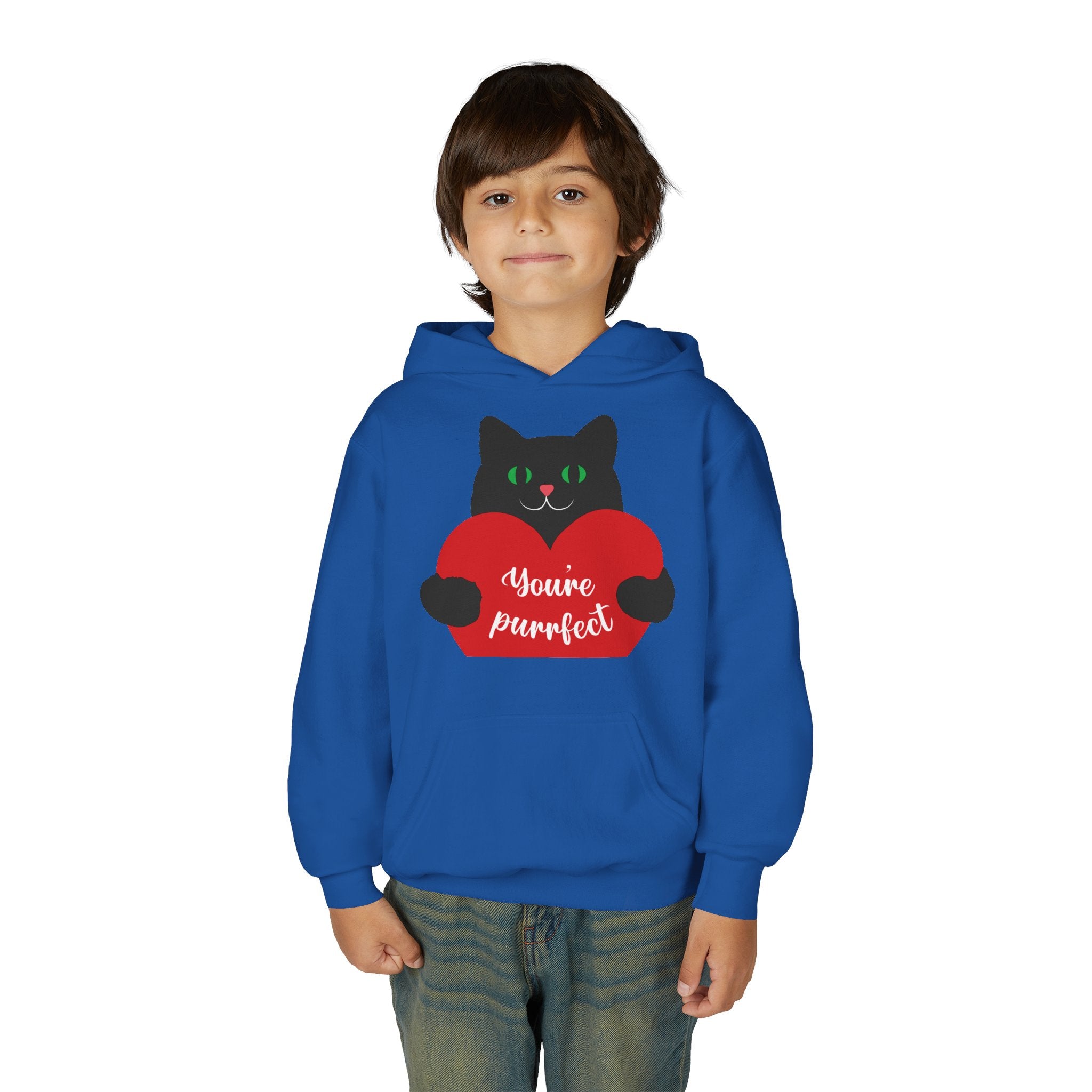 Youth Hoodie - Cute Black Cat "You’re Purrfect" Heart & Patriotic LOVE Design