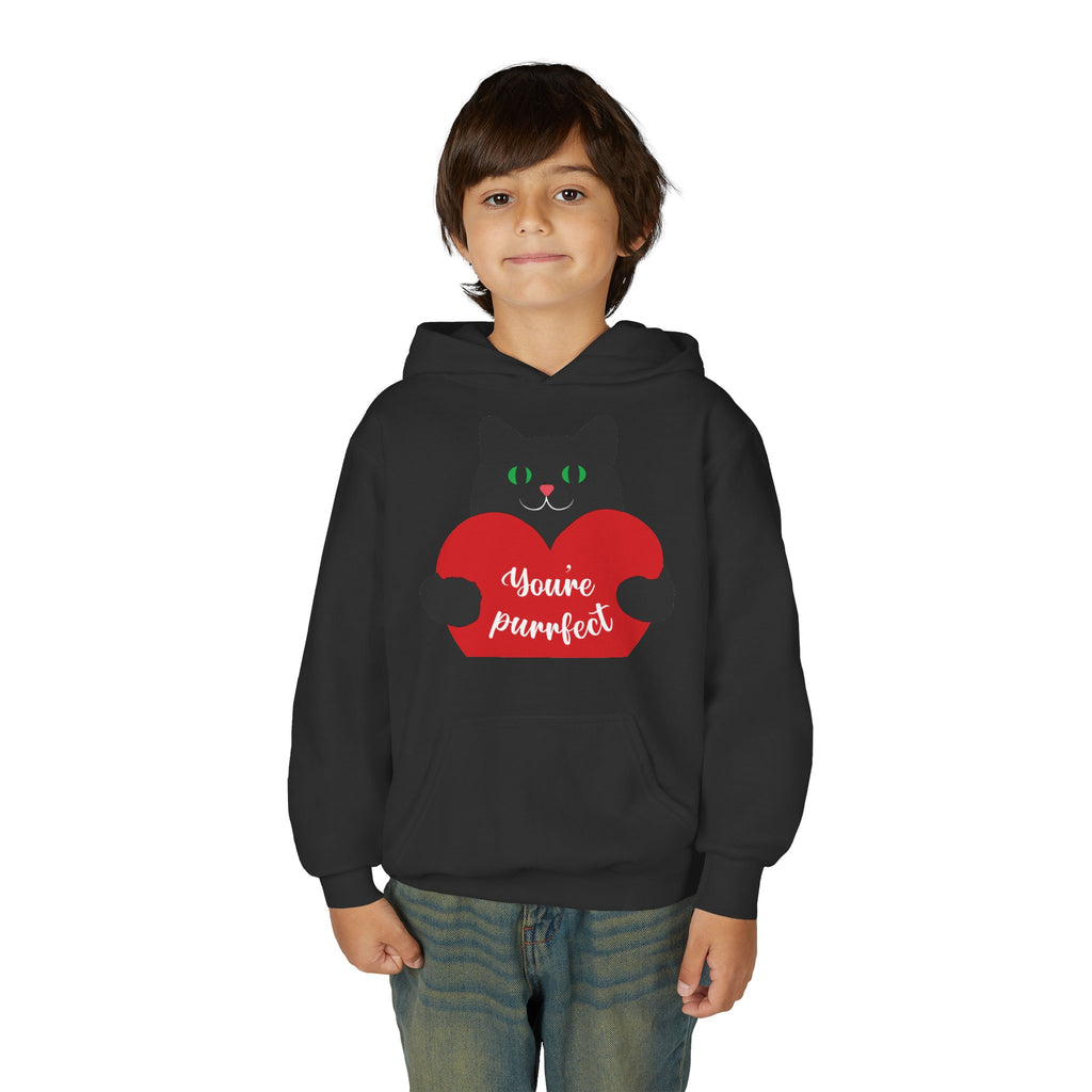 Youth Hoodie - Cute Black Cat "You’re Purrfect" Heart & Patriotic LOVE Design