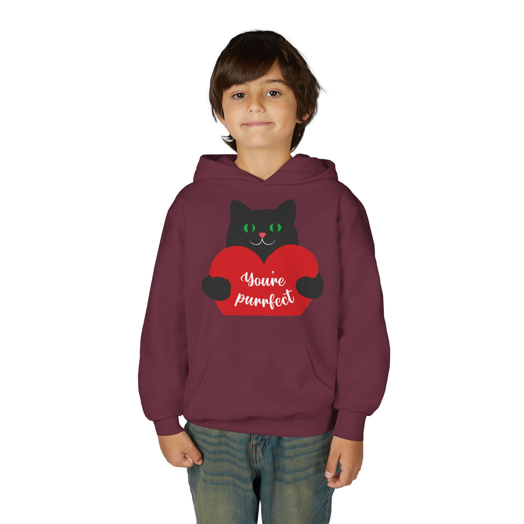 Youth Hoodie - Cute Black Cat "You’re Purrfect" Heart & Patriotic LOVE Design