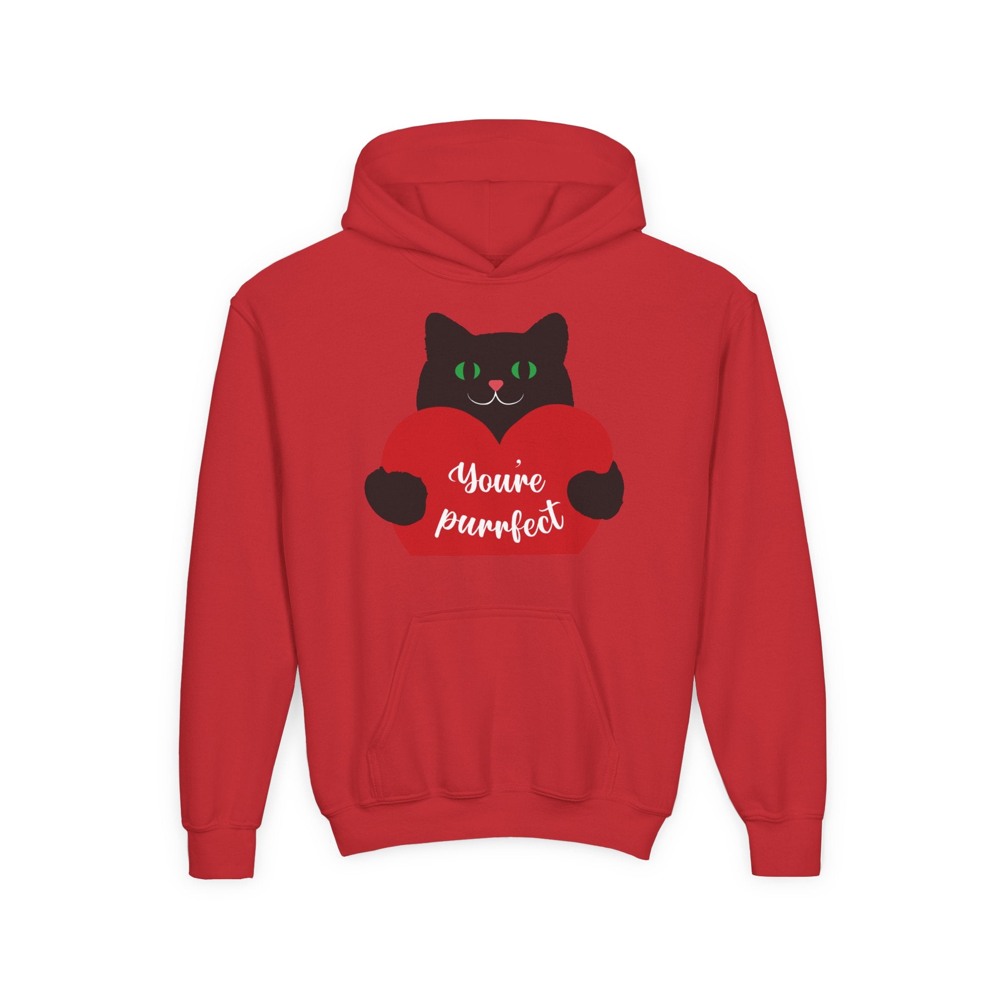 Youth Hoodie - Cute Black Cat "You’re Purrfect" Heart & Patriotic LOVE Design