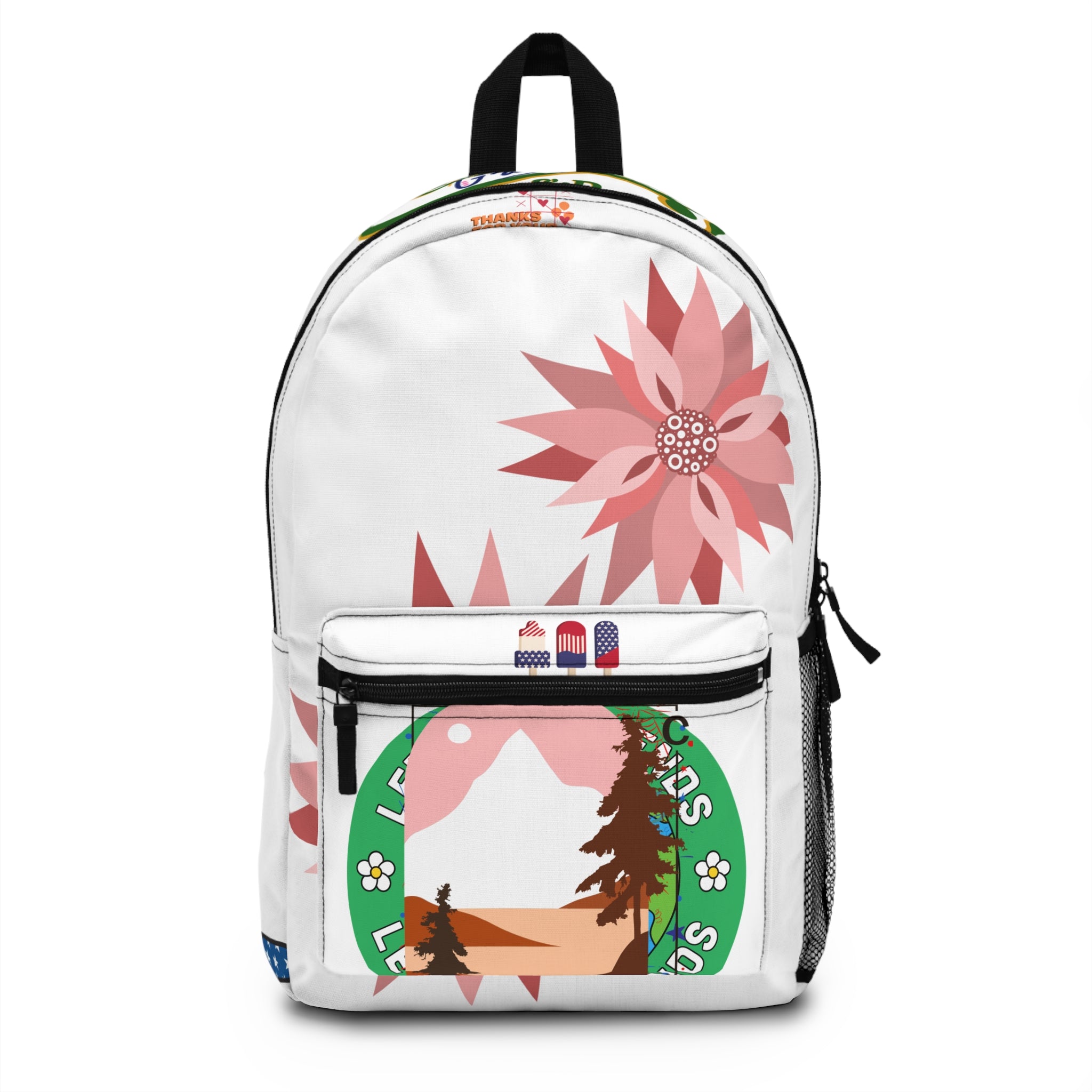 Floral Mountain Scene Backpack — Nature Graphic Daypack with Pink Blooms