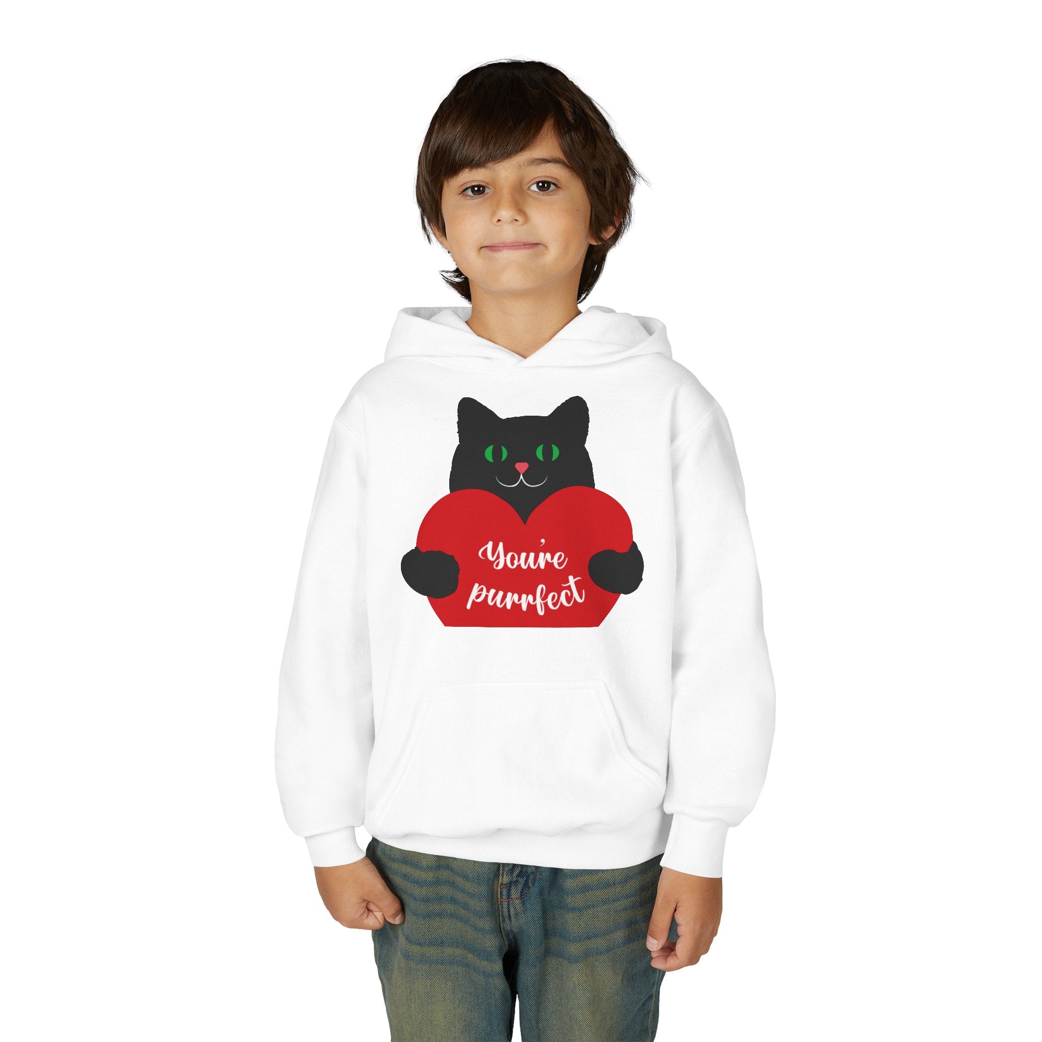 Youth Hoodie - Cute Black Cat "You’re Purrfect" Heart & Patriotic LOVE Design